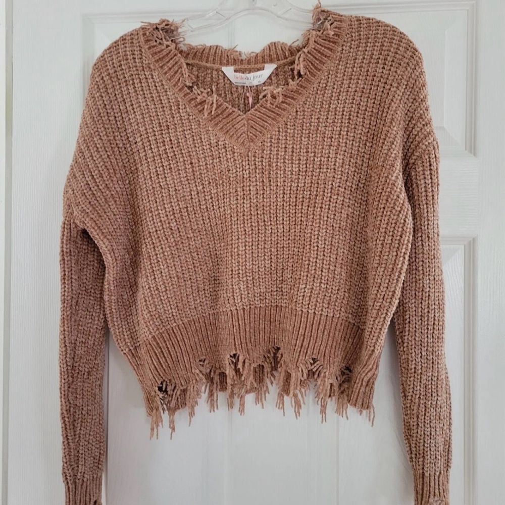 Belle du jour Distressed Caramel Fringed Sweater, Size XS